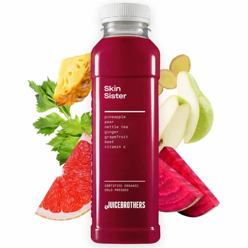 Juicebrothers Skin Sister detox sap rode bieten sap ananas peer brandnetel, gember, grapefruit, vitamine c, biologisch koudgeperst